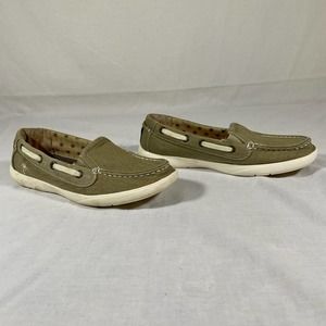 Margaritaville Soles Of The Tropics Womens 8 Canvas Boat Shoes Olive Army Green